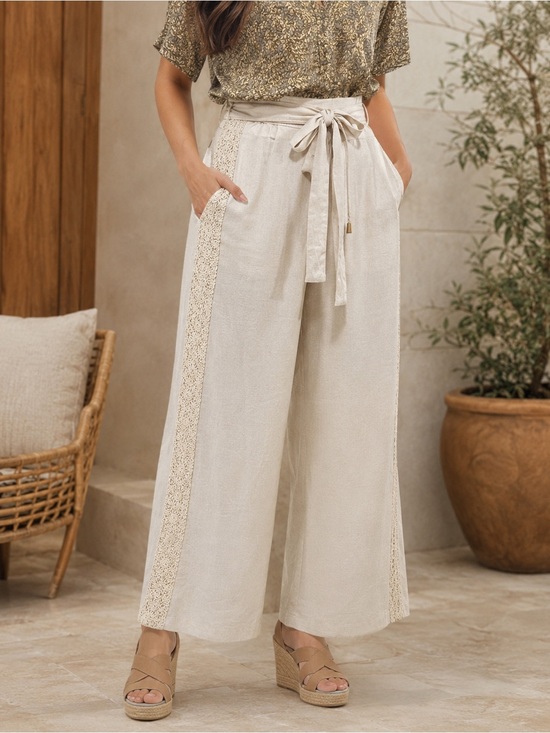 Solitaire Pants - Women's High-Rise Tie-Waist Wide Leg Pants - Cream
